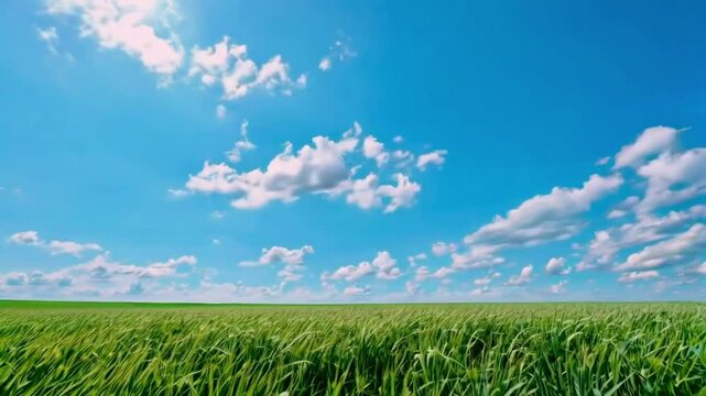 A vast expanse of tall, green grass sways gently in a light breeze against a backdrop of a clear, vibrant blue sky dotted with fluffy white clouds.