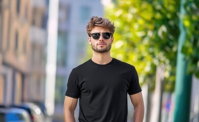 Fashionable model a apparel black t shirt and sunglasses, ideal for urban lifestyle and showcasing mockups