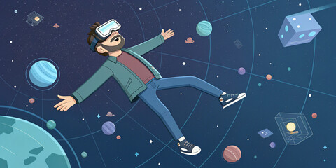 A 3D Rendering of a Cartoon Man in VR Glasses Floating in a Digital Space
