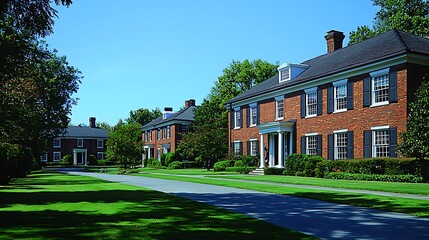 Fototapeta premium Elegant brick houses lined along a serene tree-lined street on a sunny day