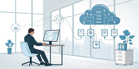 A Businessman Effectively Using a Computer to Manage Important Documents