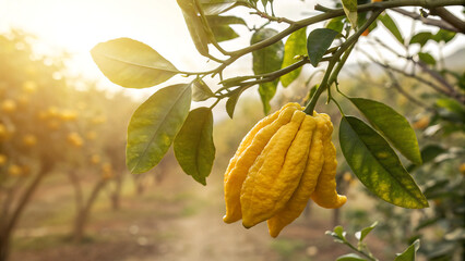 Ripe Buddha's Hand Citrus Fruit On Tree Branch