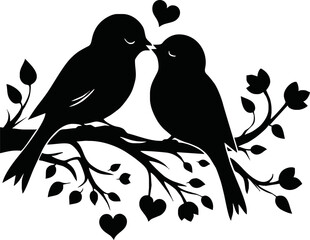 Silhouette of love birds on a branch vector on white background