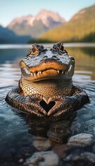 Fototapeta premium A charming crocodile creates a heart shape with its claws while floating in serene waters, blending cuteness with nature's raw beauty, showcasing the unique character of wildlife.