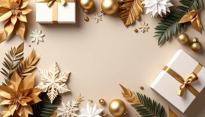 Festive golden decorations holiday celebration digital art elegant setting top-down view seasonal joy