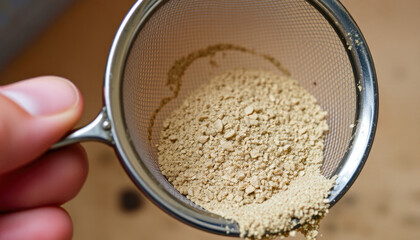 Close-up of Dry Yeast Granules in a Stainless Steel Mesh Strainer, Ready for Baking