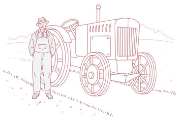 A beautifully stylized illustration depicting a farmer proudly standing beside a vintage tractor in a vast field