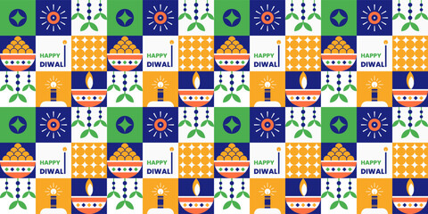 Happy Diwali festive grid with lamps and sweets.