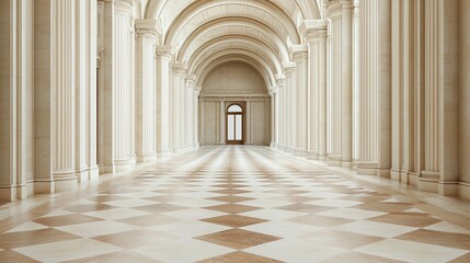 Fototapeta premium A grand hallway with arched ceilings, tall columns, and a checkered marble floor, illuminated by natural light from distant windows.