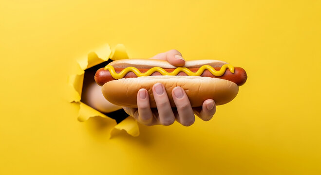 Delicious Hot Dog Handheld Food Photography Yellow Background