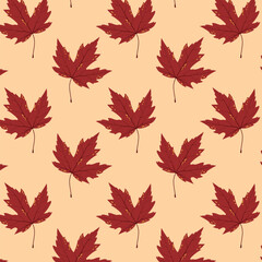 Autumn Leaves Seamless Pattern. Fall Leaves Background. Botanical Vector Flat Illustrations