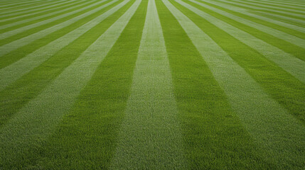 Vibrant green freshly cut lawn with distinct mowing lines creates visually appealing landscape. neat stripes enhance beauty of outdoor space, inviting relaxation and enjoyment