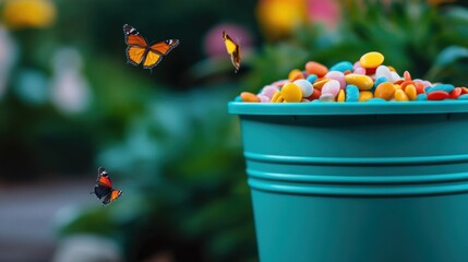 Naklejka premium Close-up of a teal bin packed with candy waste in a garden setting, with butterflies fluttering around