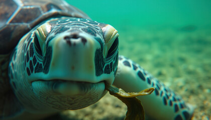 Close-Up of Green Sea Turtle Eating Seaweed Underwater, Marine Life