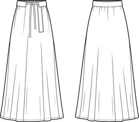 High waisted long skirt with drawstring belt, front and back technical fashion flat sketch, minimalist garment design illustration

flat vector illustration