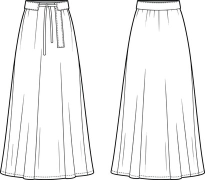  High waisted long skirt with drawstring belt, front and back technical fashion flat sketch, minimalist garment design illustration

flat vector illustration