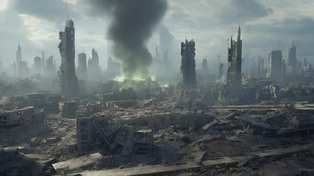 Apocalyptic Cityscape Ruins with Smoke and Destruction in Post-Disaster Scene