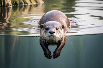 An adorable otter swimming gracefully in clear water facing the viewer with curiosity and engaging look