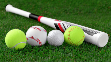 Premium sports equipment displayed on green grass includes baseball bat and various balls tennis, baseball, golf, and softball. This vibrant arrangement showcases athletic gear for diverse sports