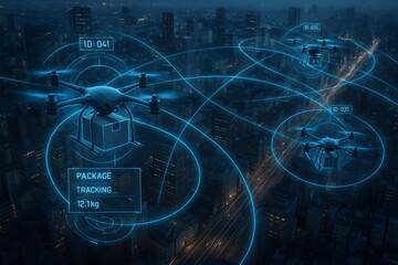 Autonomous Delivery Drones Flying Over City at Night with Neon Tracking HUD and Package Network Lines