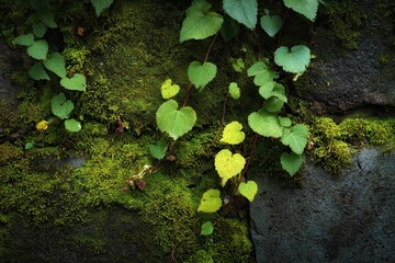 Green moss and vibrant leaves thrive on weathered stone wall in tranquil outdoor setting surrounded by nature