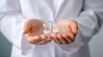 Closeup of pharmacist's hands holding labeled medication, sterile pharmacy background