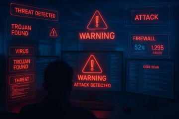 Cybersecurity Threat Alert Interface with Red HUD Warnings and Code Scan in Dark Office