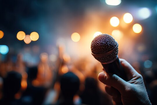 Close-up photo of hand gripping microphone under intense stage lighting, with blurred crowd in background, perfect for concert, public speaking or performance themes