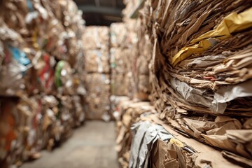 Recycling center showcasing neatly stacked waste paper bales during daylight in a processing facility for sustainable waste management