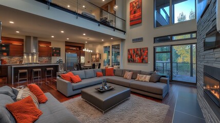 Modern open-plan living area with high ceilings, featuring a comfortable sectional sofa, dining area, and kitchen