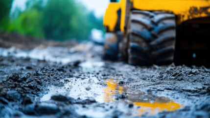 Heavy machinery tracks create deep impressions muddy terrain, showcasing struggle of construction wet conditions. vibrant yellow of equipment contrasts with earthy tones, evoking sense