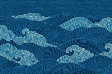Blue water wave line pattern captures the spirit of traditional Japanese design conveying tranquility and harmony with nature