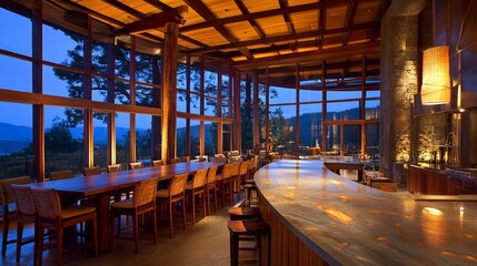 Fototapeta premium Large, luxurious dining and bar area with panoramic mountain views