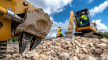 Close up of construction equipment with vibro hammer jaw gripping rock, showcasing machinery power and precision construction site. Workers are visible background, emphasizing active work