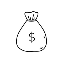 The money bag isolated on a white background. Vector hand-drawn illustration in doodle style. Perfect for logo, various designs.