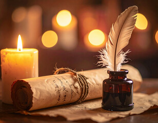 Medieval Document &ndash; Still Life with Parchment and Quill Pen