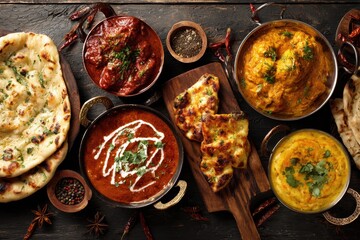 Indian food selection with various dishes served on dark wooden table highlighting rich flavors and textures, inviting culinary experience full of aromatic spices and vibrant colors