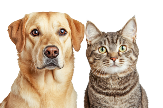 Dog and cat sharing a moment while looking directly at the camera in a cozy indoor setting