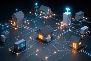 Exploring computer network security technology through interconnected homes and devices on a digital landscape
