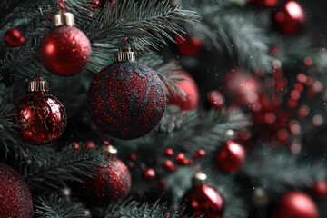 Festive decorations on a Christmas tree adorned with shiny red ornaments, creating a warm and joyful atmosphere during the holiday season