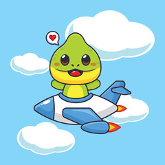 Cute chameleon mascot cartoon character illustration ride on plane jet