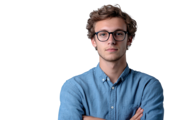 Handsome young brunette man poses confidently in a casual setting with a relaxed expression, showcasing his stylish outfit and glasses