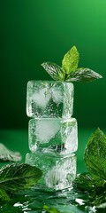 Three ice cubes neatly stacked, garnished with fresh mint leaves, create a refreshing visual against a soft green background, perfect for beverage lovers and summer refreshment.