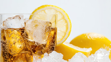 Refreshing beverage in transparent glass filled with crushed ice and lemon slices, creating vibrant and inviting scene. bubbles add lively touch to this thirst quenching drink