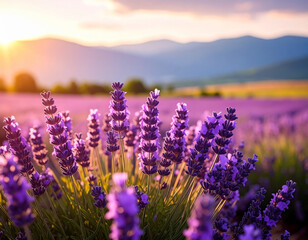 Obraz premium Close-up view of lavender field, illuminated by sunset, with mountains.