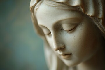 Elegant close-up portrait of Virgin Mary statue, highlighting delicate features and emotional depth. Suitable for sacred, decorative and inspirational designs