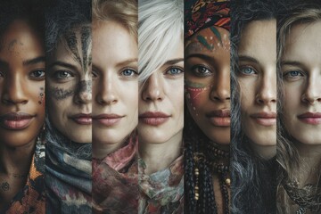 Diverse group of fictional women showcasing unique styles, expressions, and cultural attributes in an artistic display of unity and strength in a contemporary setting