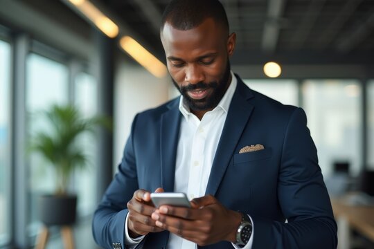 An African American businessman using a mobile payment app on his smartphone in a contemporary office environment.