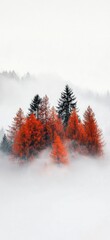 An enchanting winter landscape showcasing bright red trees surrounded by soft, white fog, creating an ethereal scene that captures the beauty of nature in its quiet, frosty elegance.