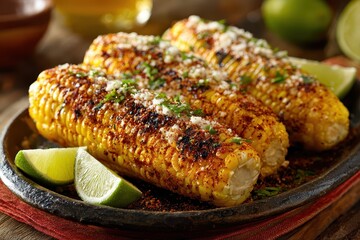 Grilled Mexican street corn elotes served on a rustic plate with lime wedges and spices at a vibrant outdoor gathering